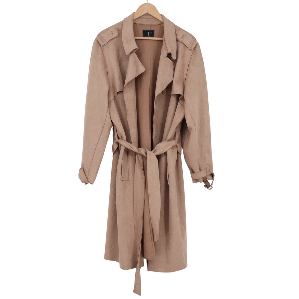 Tahari Trench Coat Womens 2X Duster Tan Faux Suede Belted Excellent